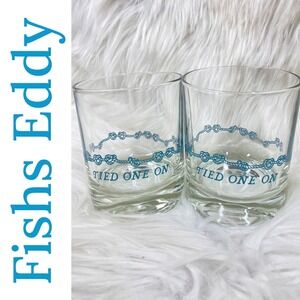 Fishs Eddy "Tied One On" Tipsy Rocks Glasses Set of 2 Slanted Rim Nautical Blue